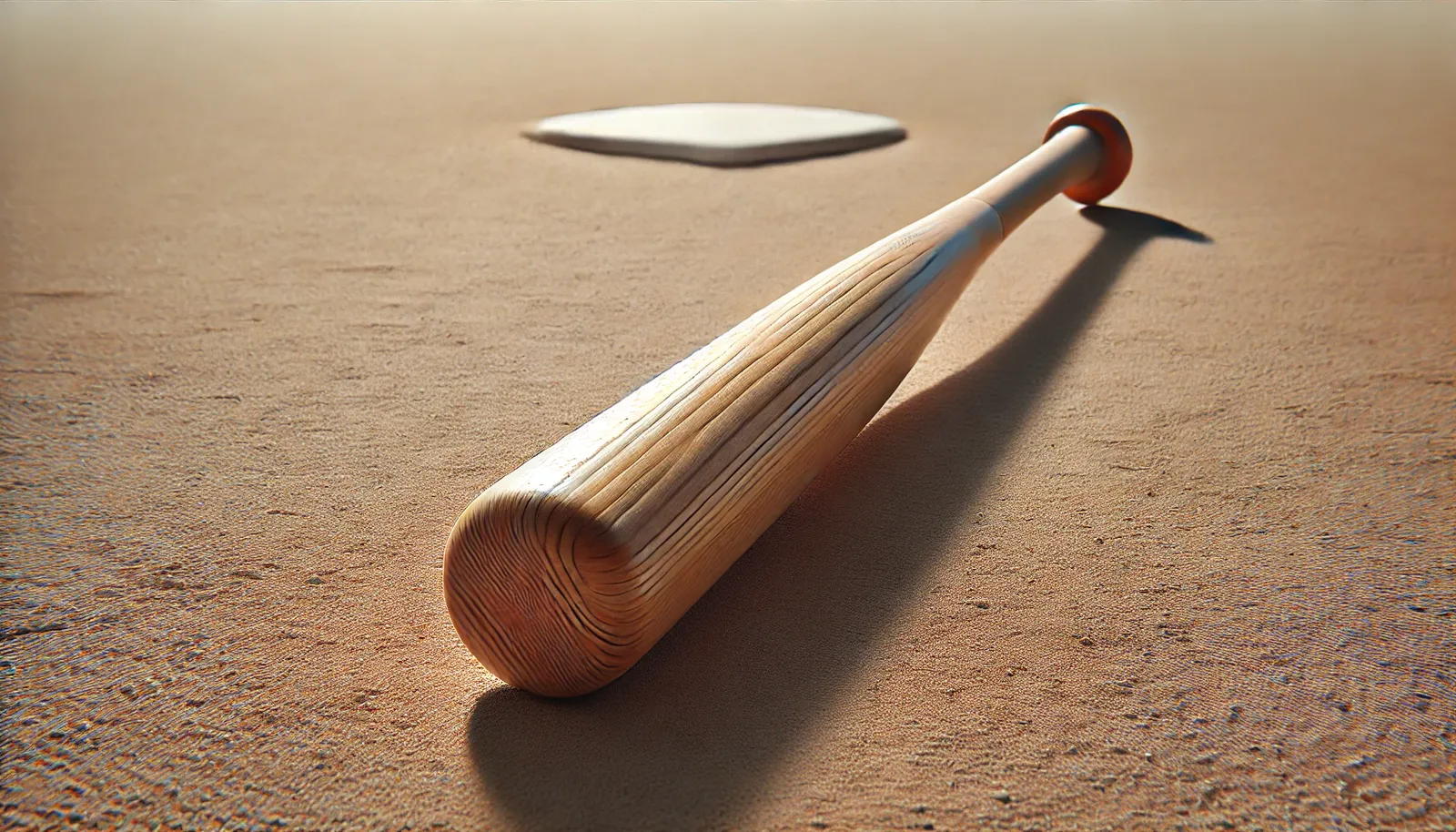 Imagem minimalista e hiper-realista de um taco de beisebol sobre um campo, destacando a textura do material e o cabo robusto. Ideal para conteúdo de inglês executivo e comunicação na Lingualize.