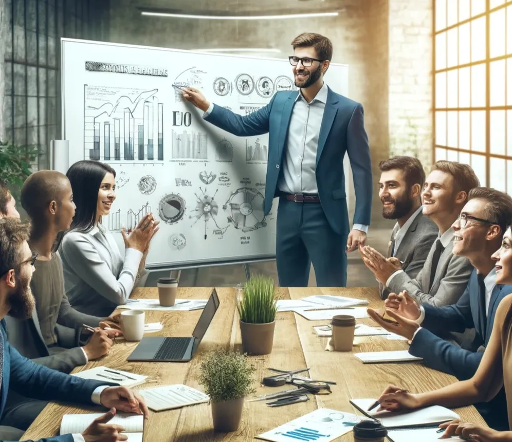 Líder motivando a equipe, ilustrando o uso de adjetivos com -ed e -ing em inglês.