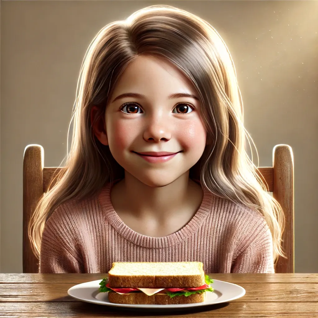 Pessoa com fome sugerindo comer sanduíches, ilustrando “Let's eat sandwiches!”.