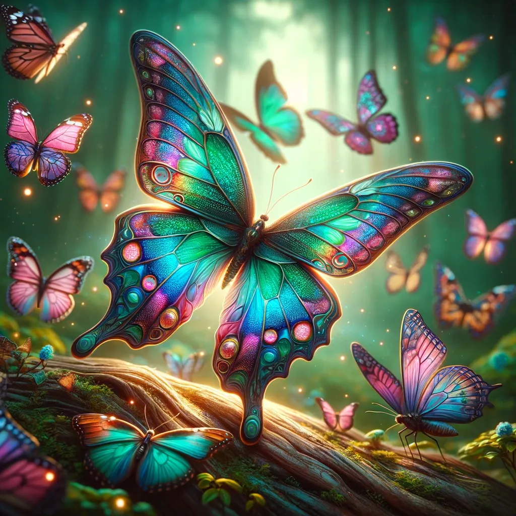 Ilustração de borboletas coloridas que voam pelo encantado País das Maravilhas do Além