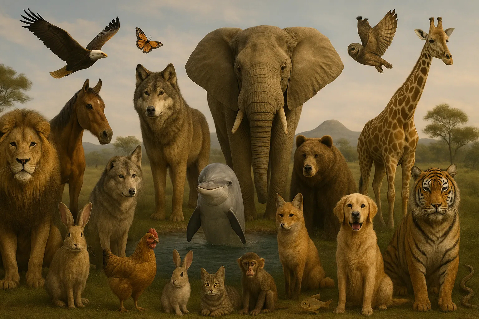 Colagem colorida de varios animais para o quiz de personalidade que ensina nomes de animais em ingles