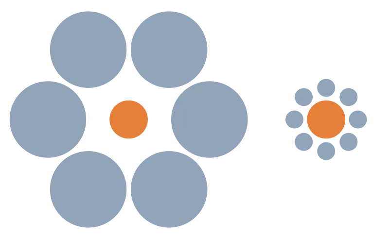 Ilusao de otica com dois circulos laranja que parecem ter tamanhos diferentes, para leitura em ingles avancado