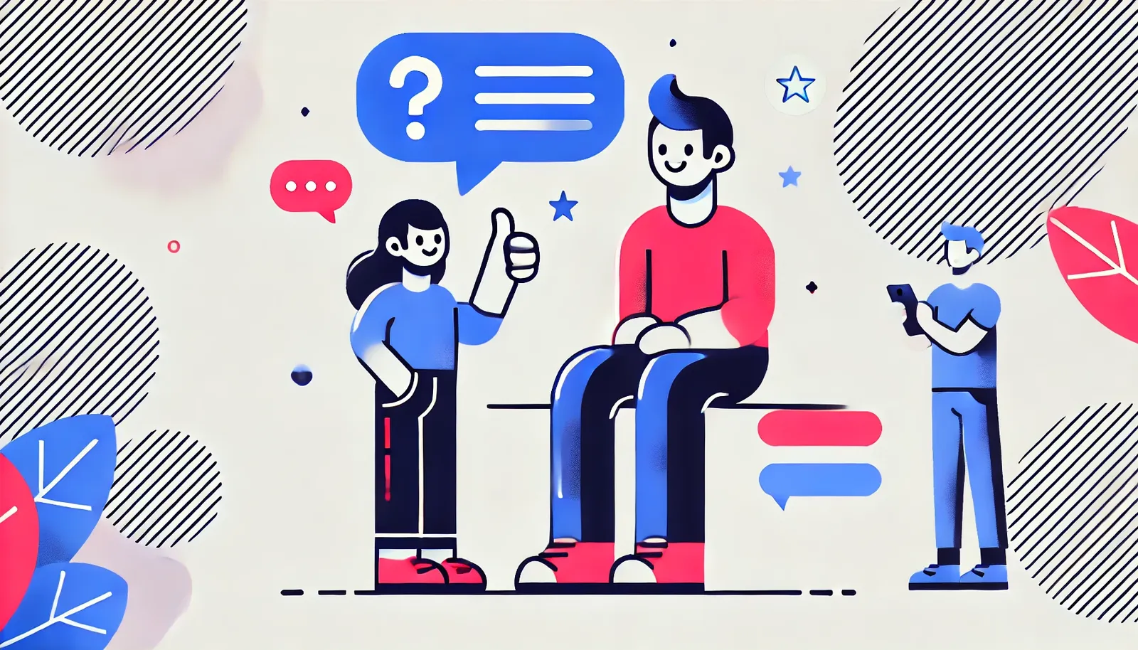 Dois personagens executivos interagindo, um fazendo uma pergunta e o outro respondendo com um sinal de positivo, ilustrando a comunicação e o entendimento no 'present perfeito' em inglês