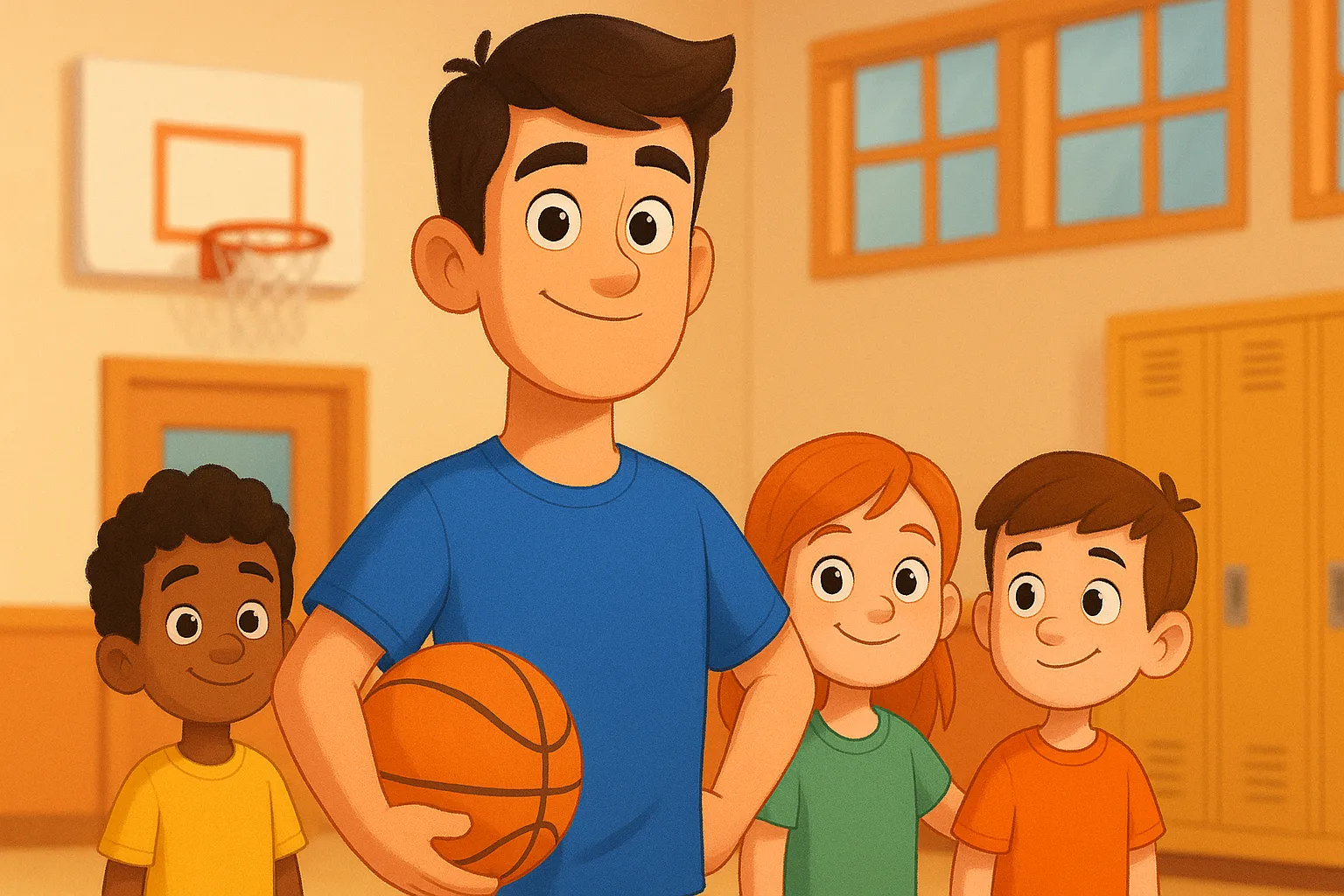 Colega alto (tall) que joga basquete, ilustrando o adjetivo em inglês