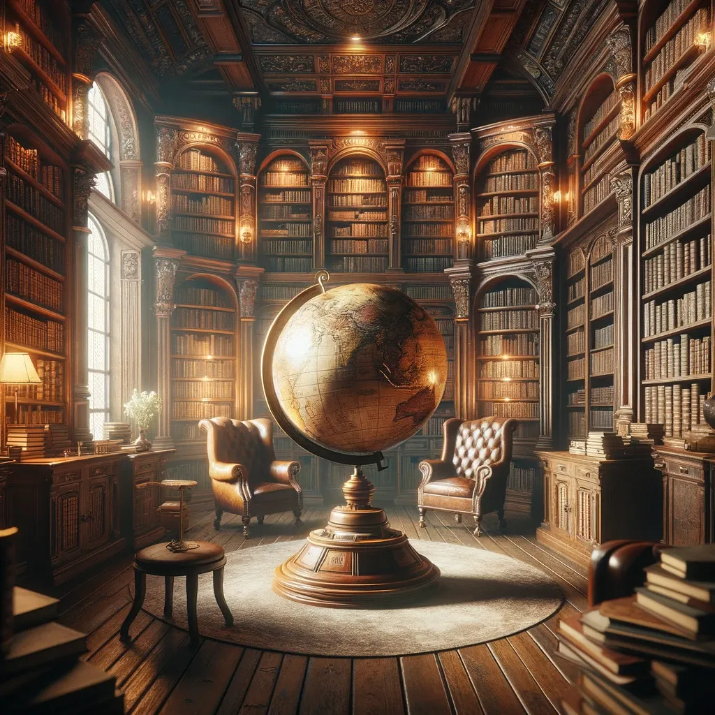 Biblioteca com globo terrestre ao centro, ilustrando a complexidade da gramática em texto sobre conjugação e tempo verbal em inglês.