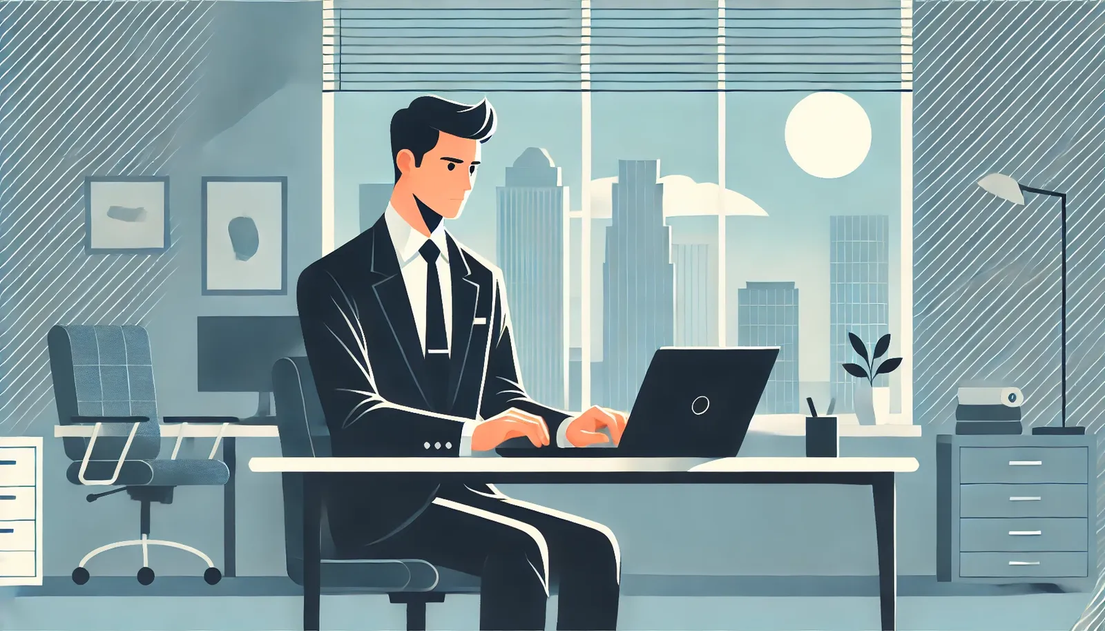 Executivo em estilo cartoon, vestindo terno, trabalha concentrado em laptop em um escritório moderno com vista para a cidade. Ambiente minimalista, ideal para cursos online gratuitos de inglês.