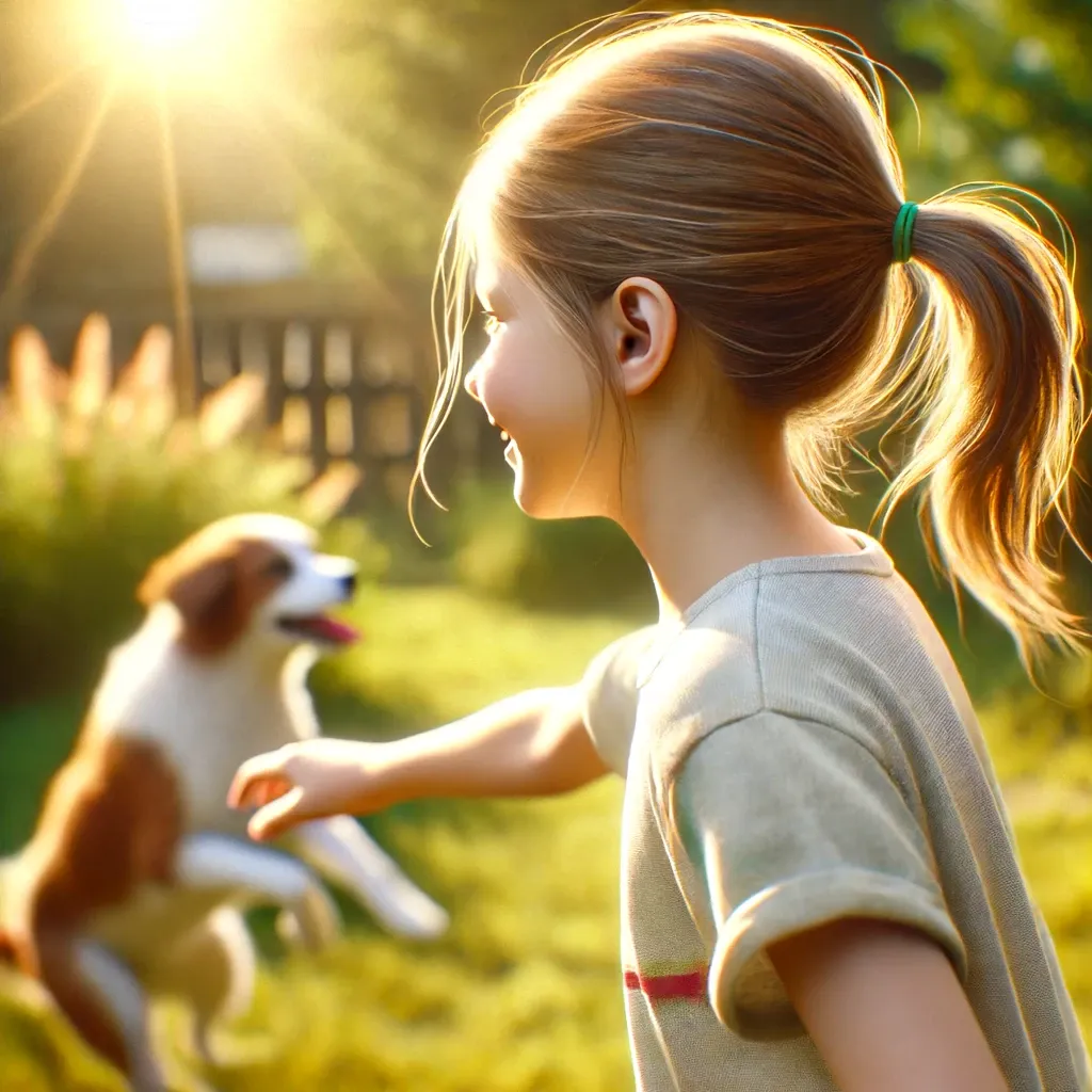 Pessoa encontrando um cachorro e propondo brincar, ilustrando “Let's play!”.