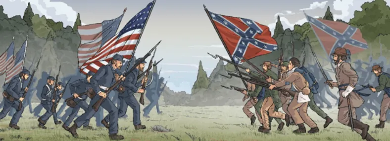 Imagem da Guerra Civil Americana: Representação de soldados da Guerra Civil Americana, destacando o conflito entre o Sul Confederado e o Norte da União.