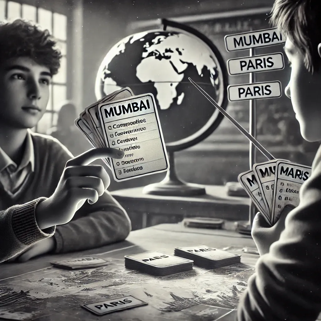 Dois estudantes em uma competição amigável usando dados de cidades. Um estudante aponta para uma característica em um cartão etiquetado como 'Mumbai', enquanto o outro segura um cartão etiquetado como 'Paris'. Ao fundo, um globo e um mapa-múndi são visíveis. A imagem é em preto e branco e hiper-realista, ambientada em uma sala de aula.