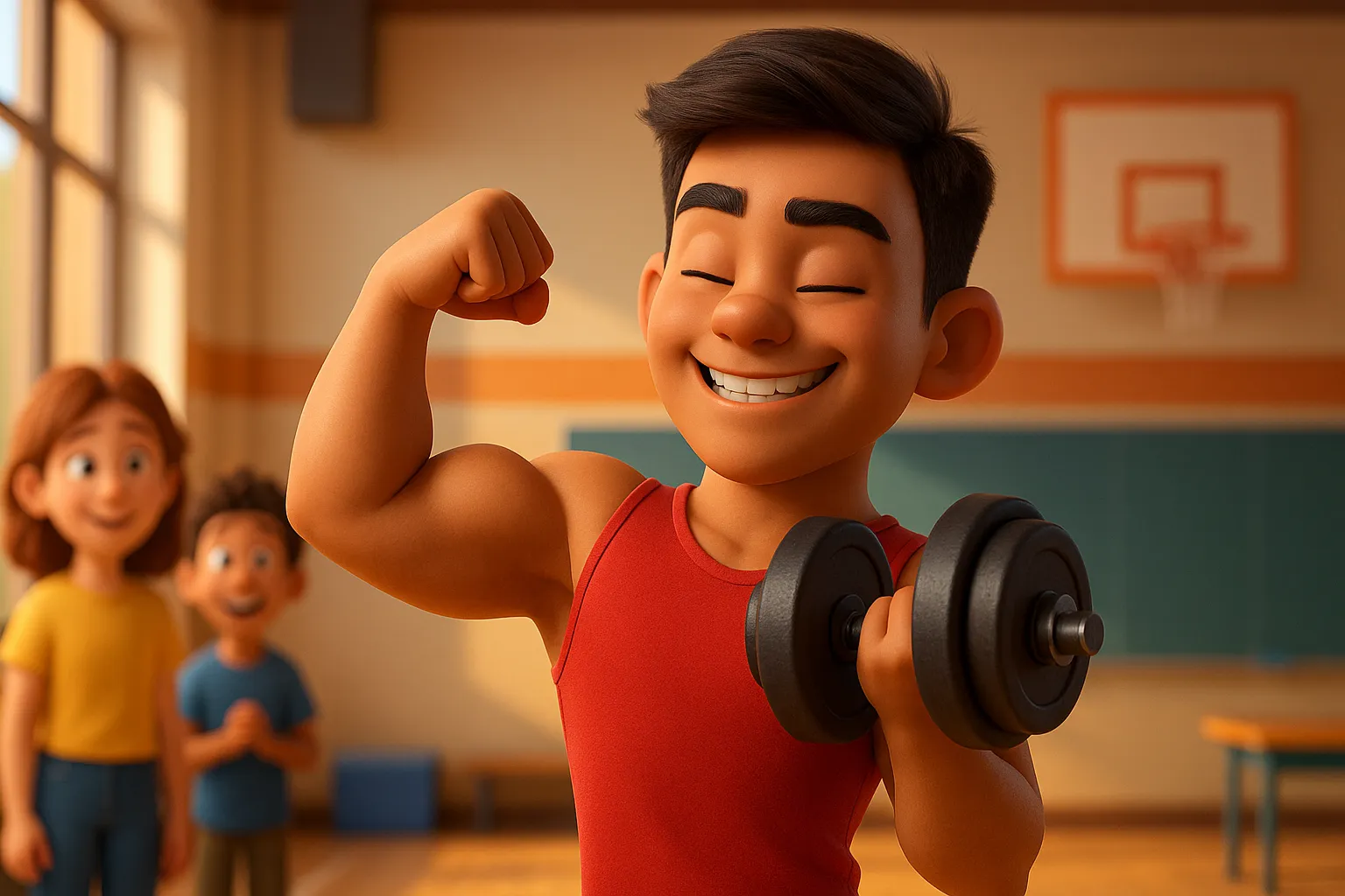 Colega forte (strong) ilustrando o adjetivo no exemplo em inglês