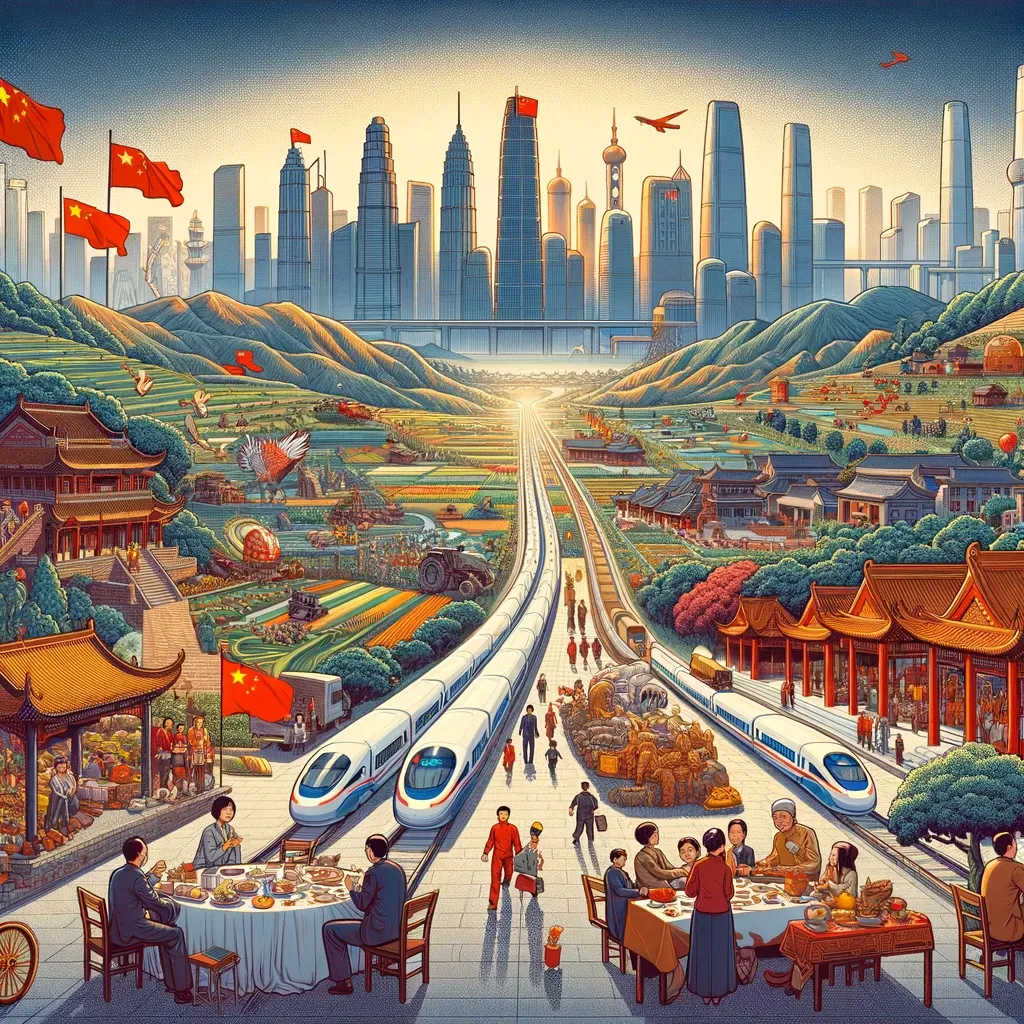 Mapa estilizado da China com arranha-céus e ícones de desenvolvimento econômico e população