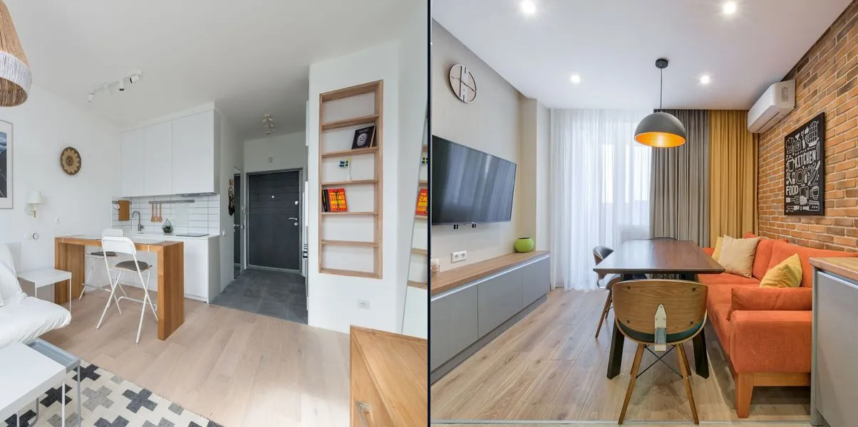 Dois apartamentos lado a lado, um branco e claro e outro com parede de tijolos e sofá laranja, para o texto em inglês com comparativo