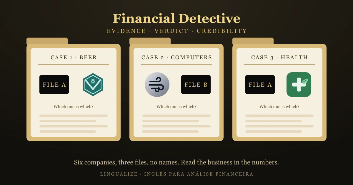 As três pastas do Financial Detective — Beer, Computers, Health — com uma das duas logos tarjada em cada uma: which one is which?