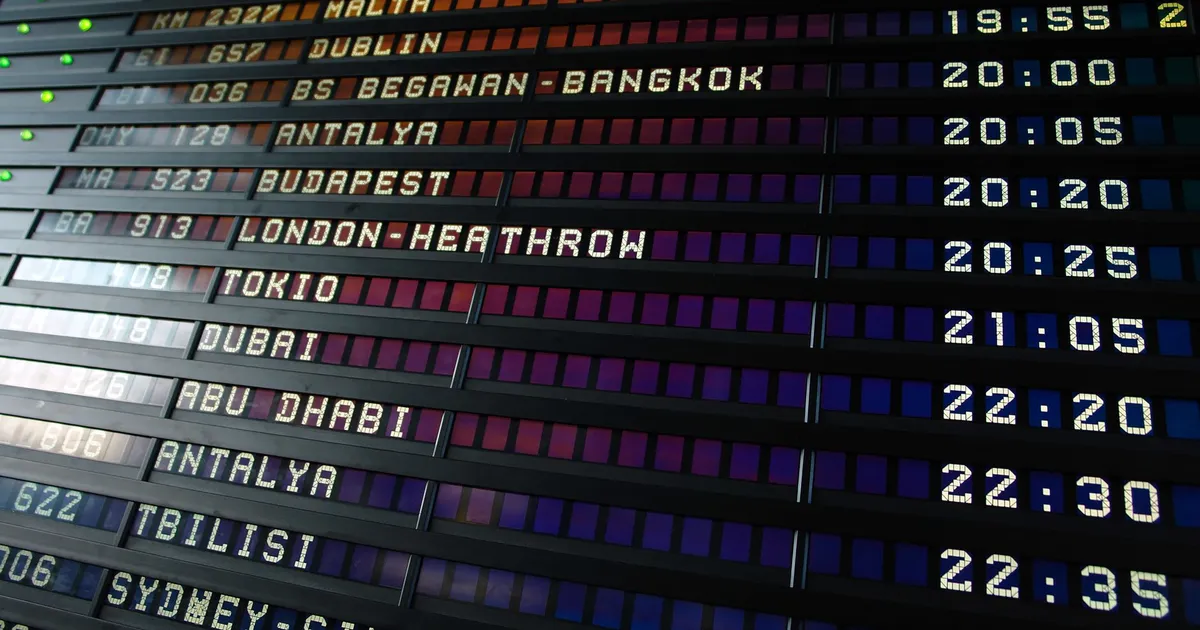 Painel de embarque em um aeroporto, ilustrando As Origens da Páscoa: uma Viagem pela História (Inglês)