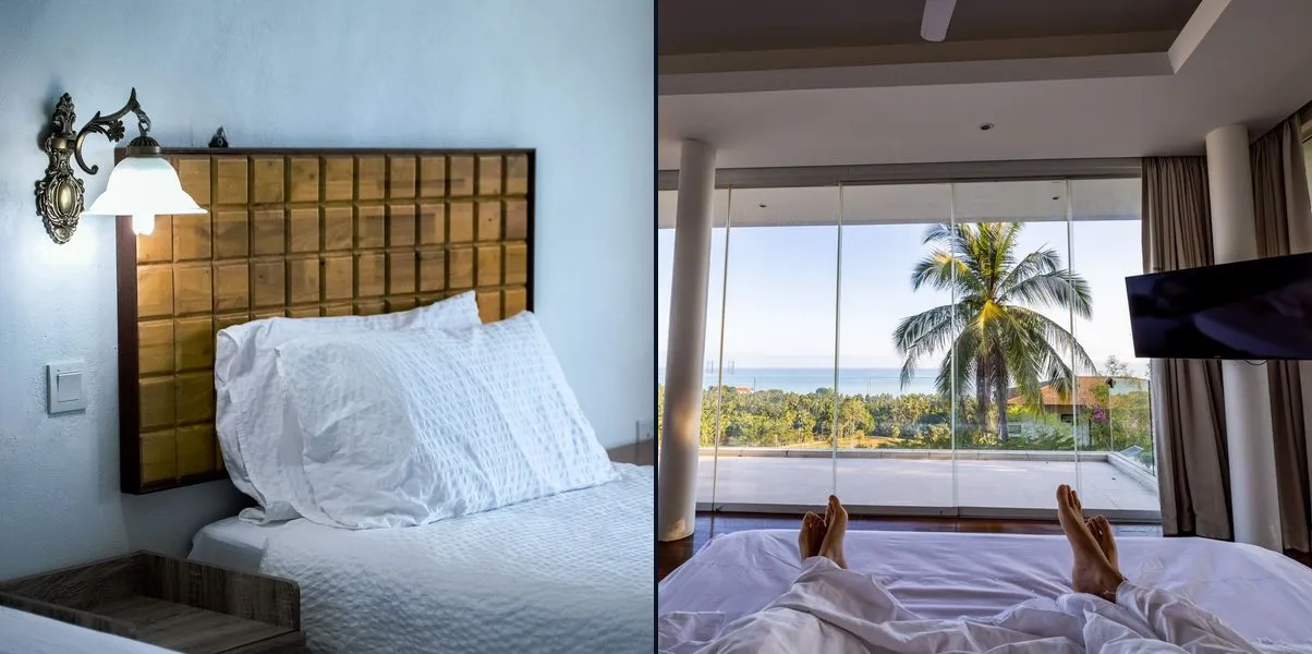 Um quarto de hotel simples ao lado de um quarto com janela de vidro e vista para o mar e coqueiros, para o texto em inglês com superlativo