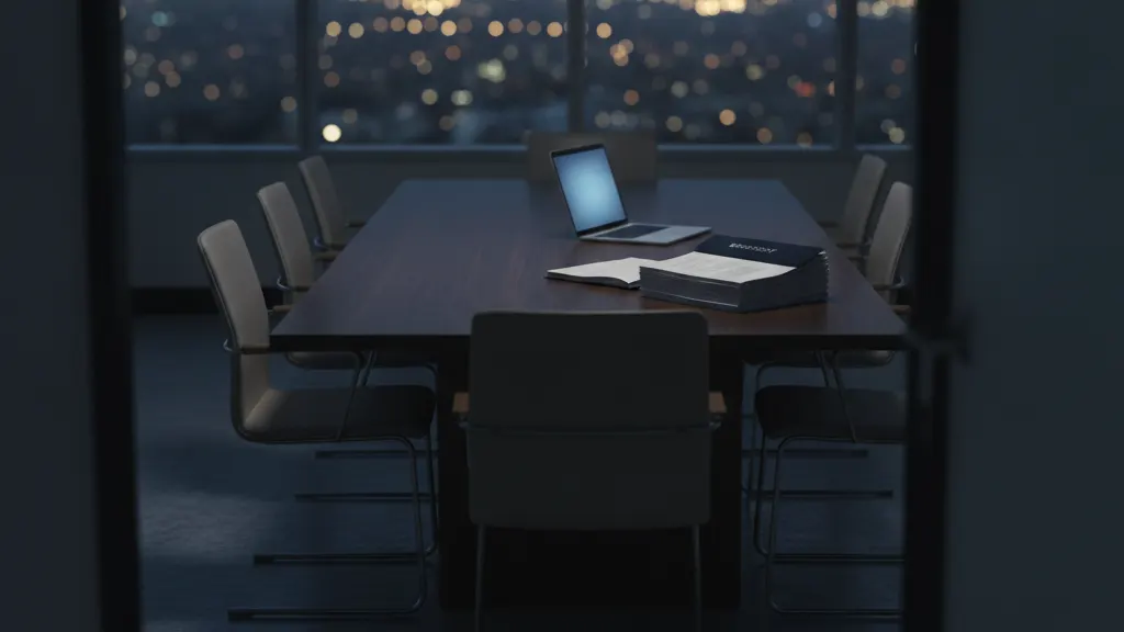 Sala de reunião vazia ao fim do dia, com um contrato impresso sobre a mesa