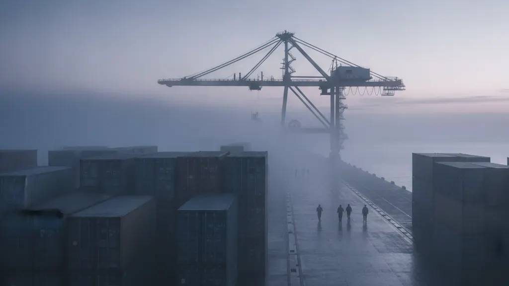 Terminal de contêineres ao amanhecer, com portêiner na neblina