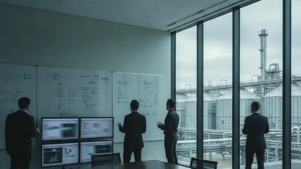 Sala de planejamento com quadros e monitores, planta industrial pela janela