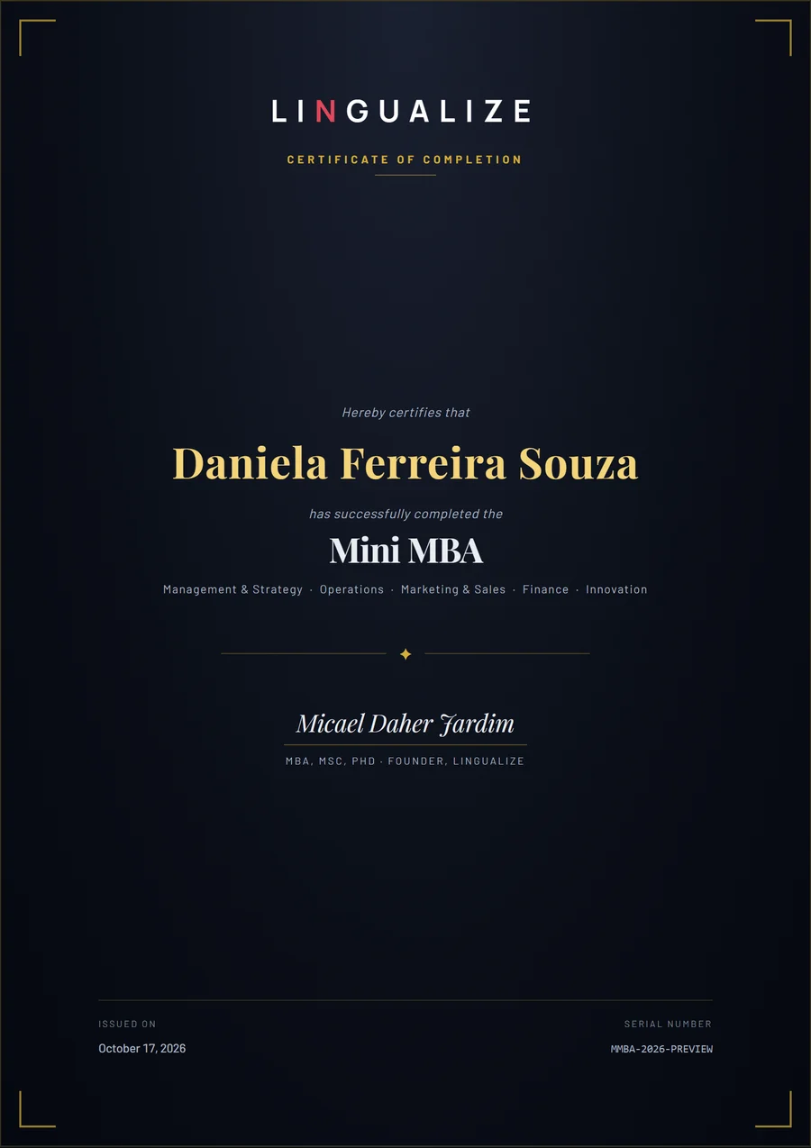 O certificado do Mini MBA, com o nome do aluno e a assinatura do Dr. Micael Jardim