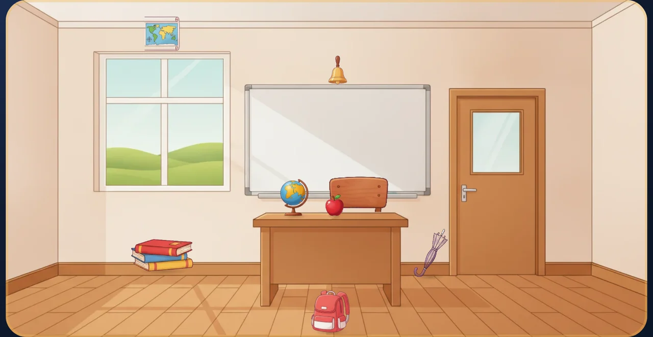 Sala de aula desenhada do jogo: o sino acima do quadro, a cadeira atrás da mesa e a mochila na frente da mesa