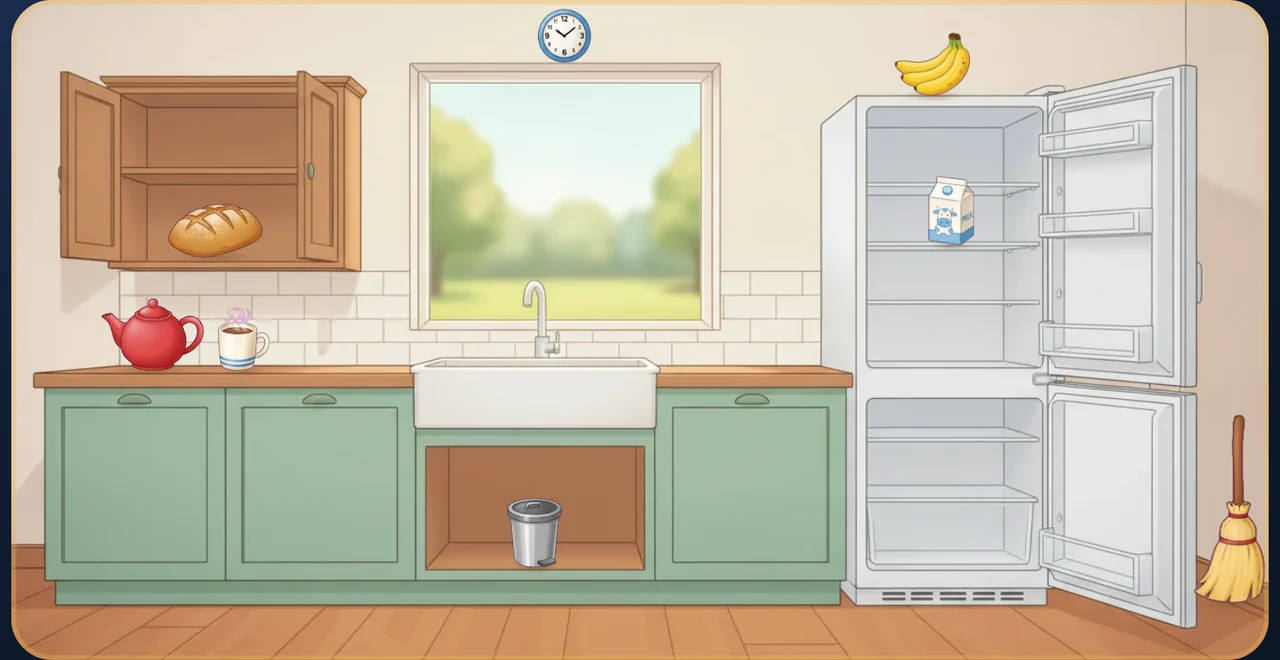 Cozinha desenhada do jogo: o bule na bancada, o pão no armário, o leite na geladeira e a lixeira embaixo da pia