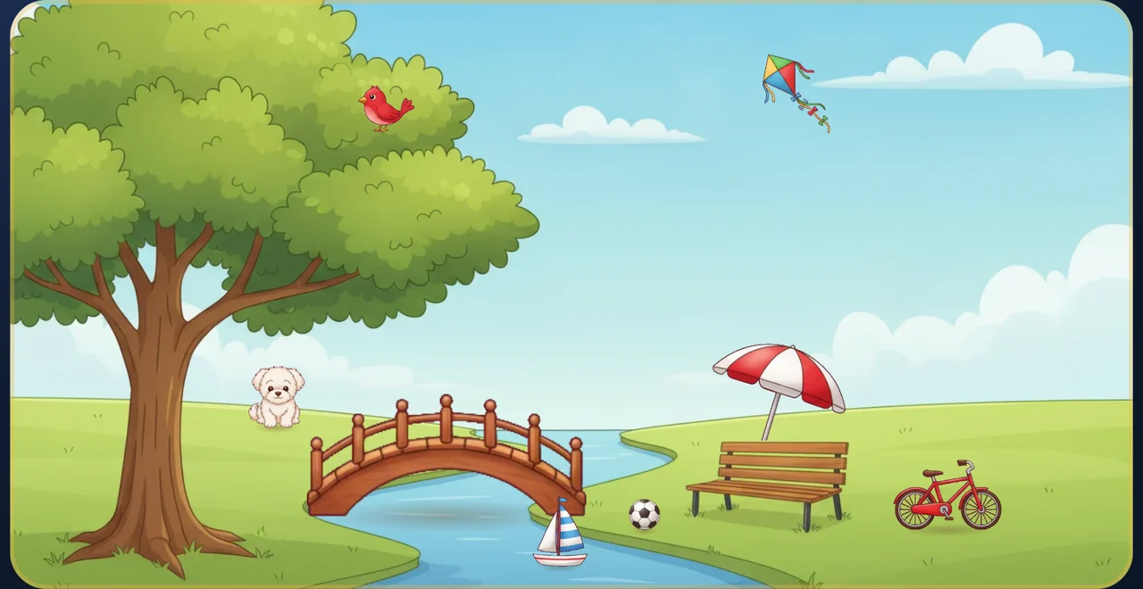 Parque desenhado do jogo: a ponte sobre o rio, o barco no rio, o passarinho na árvore e a pipa no céu