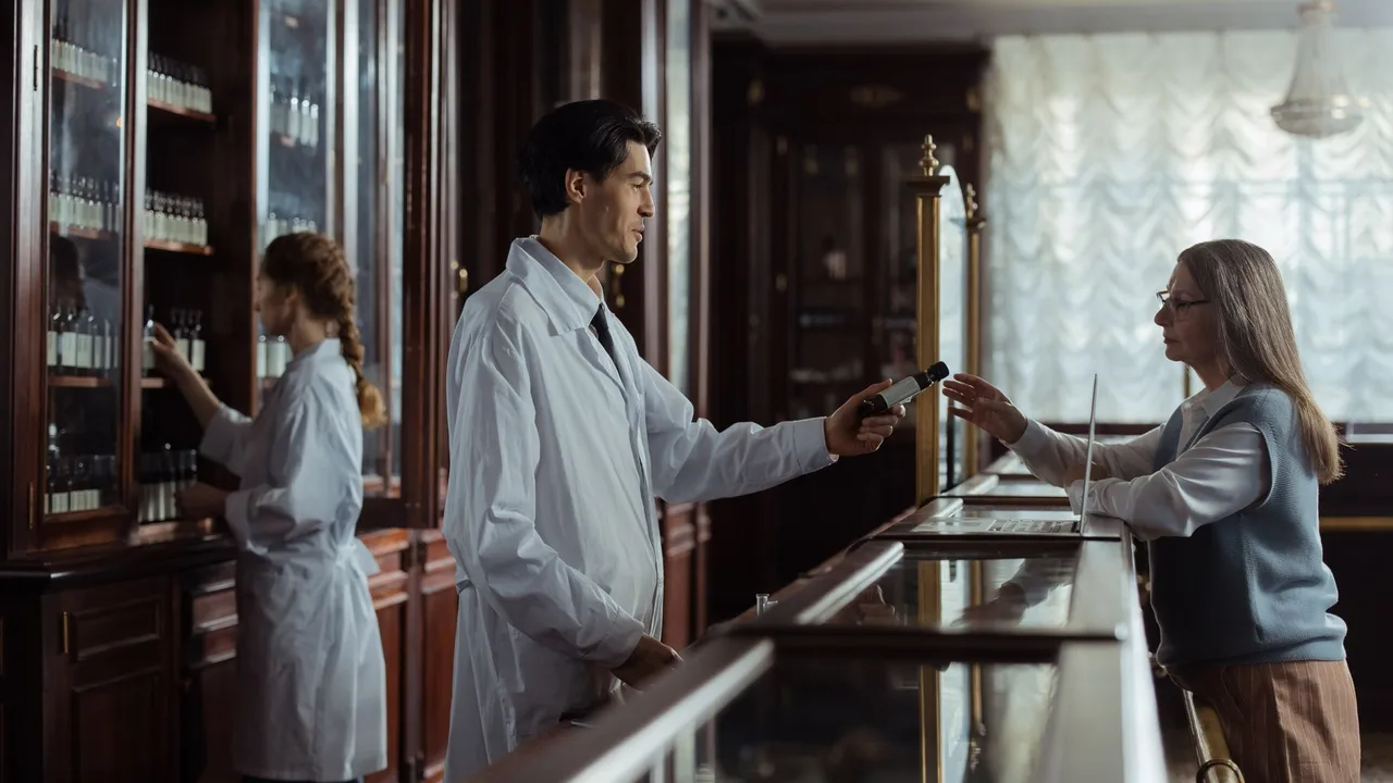 Farmacêutico entregando o medicamento ao cliente