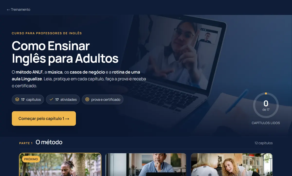 A capa do curso, com o progresso e os capítulos em cartões