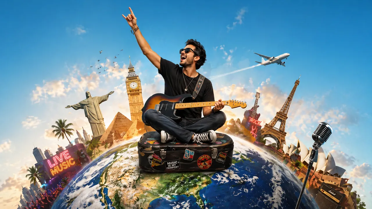 Guitarrista sentado num estojo de guitarra sobre o globo, entre monumentos do mundo, com um avião no céu